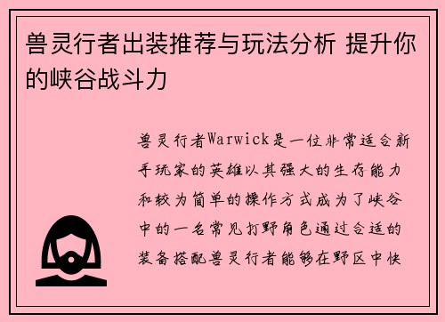 兽灵行者出装推荐与玩法分析 提升你的峡谷战斗力